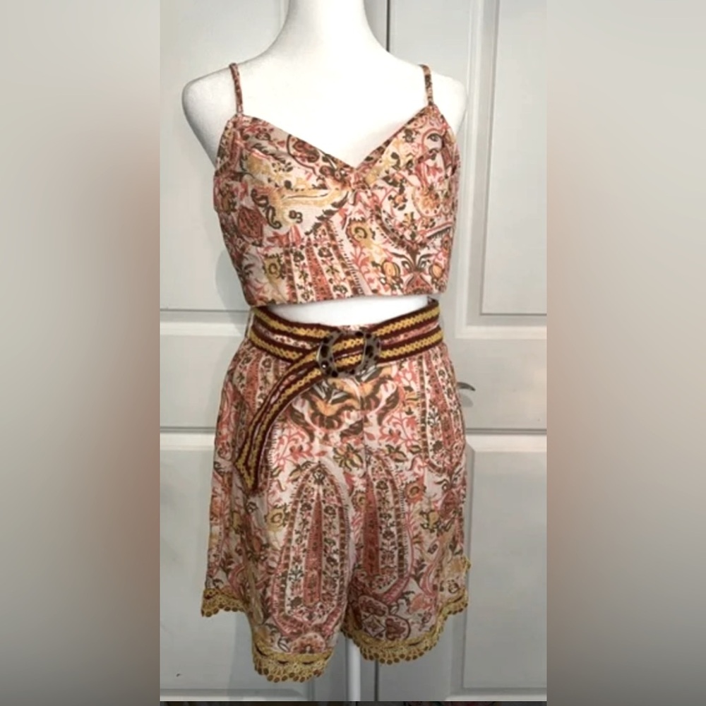 Anthropologie let it Be 2 pieces Shorts set with Belt - Pink and Brown